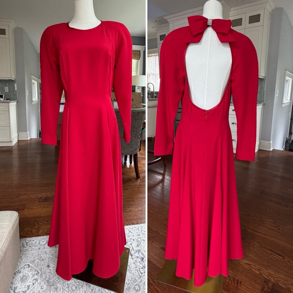 Vintage Full Length Red Dress Gown Size 10 Open Back Bow Flared Holiday Wedding